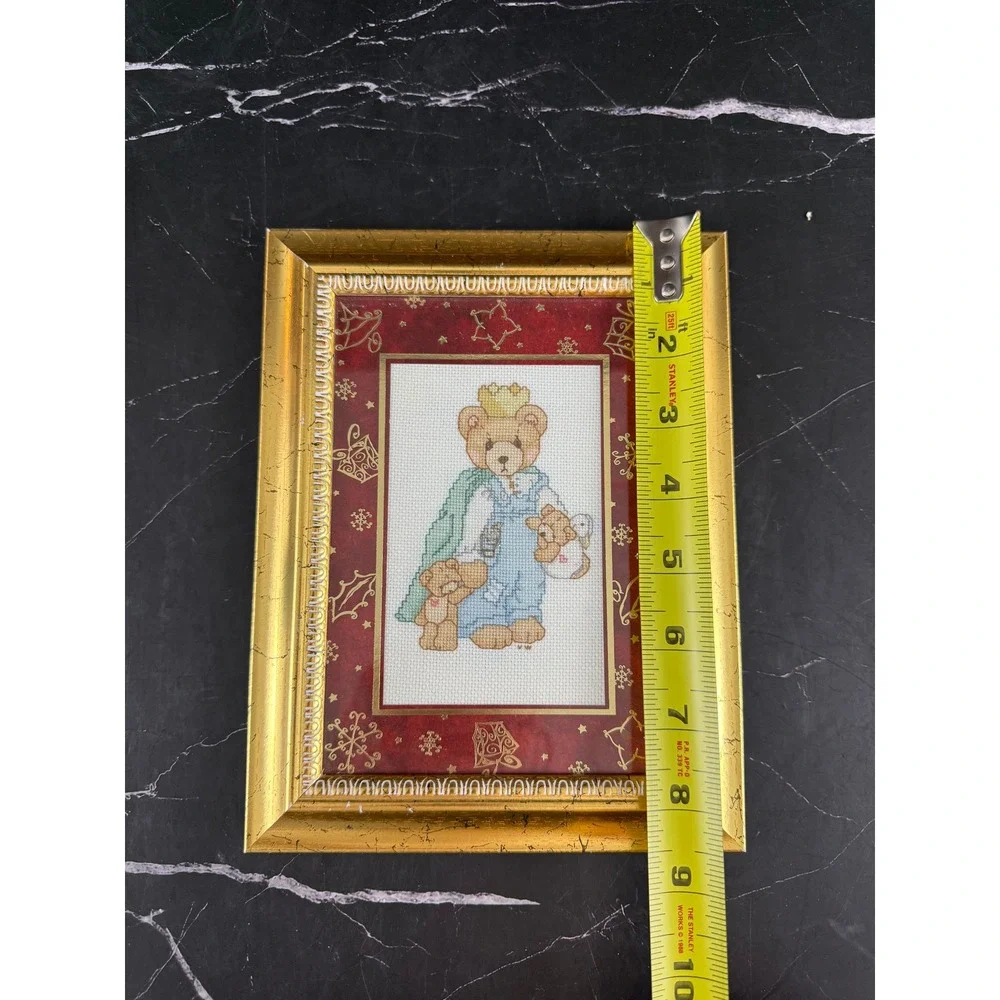 Hand Crafted Cross Stitch Royal Bear Framed Matted Holiday Christmas Art 8X7